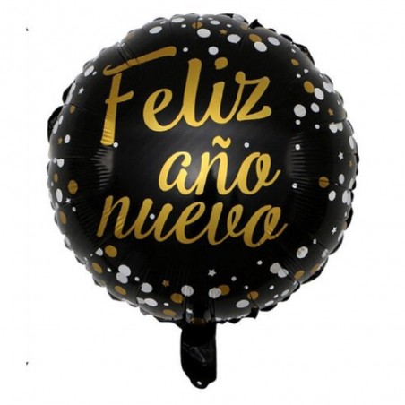 Globo Redondo Feliz Año Nuevo Negro Dorado Cotillón Activarte Decoración Año Nuevo