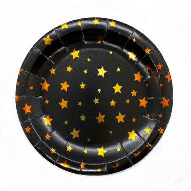 Plato Metalizados Negro Estrellas Doradas x 6 Cotillón Activarte Línea Metalizado