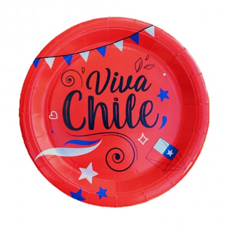 Platos Viva Chile x 6 Cotillón Activarte Decoración Chile
