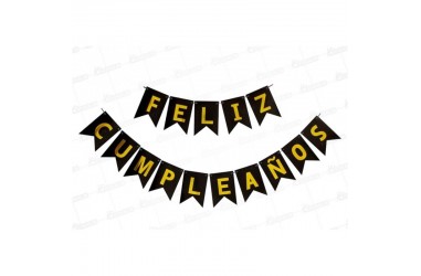 Guirnalda Banderín "Feliz Cumpleaños" Negro Dorado Cotillón Activarte Guirnaldas y Colgantes