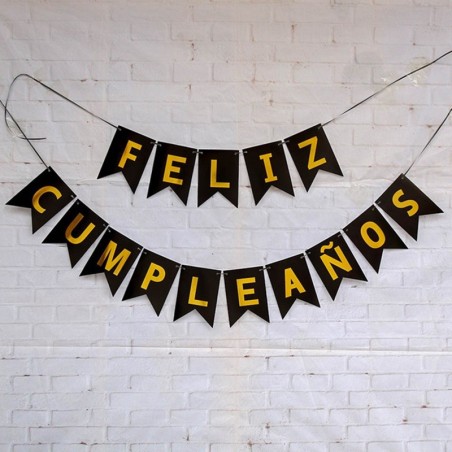 Guirnalda Banderín "Feliz Cumpleaños" Negro Dorado Cotillón Activarte Guirnaldas y Colgantes