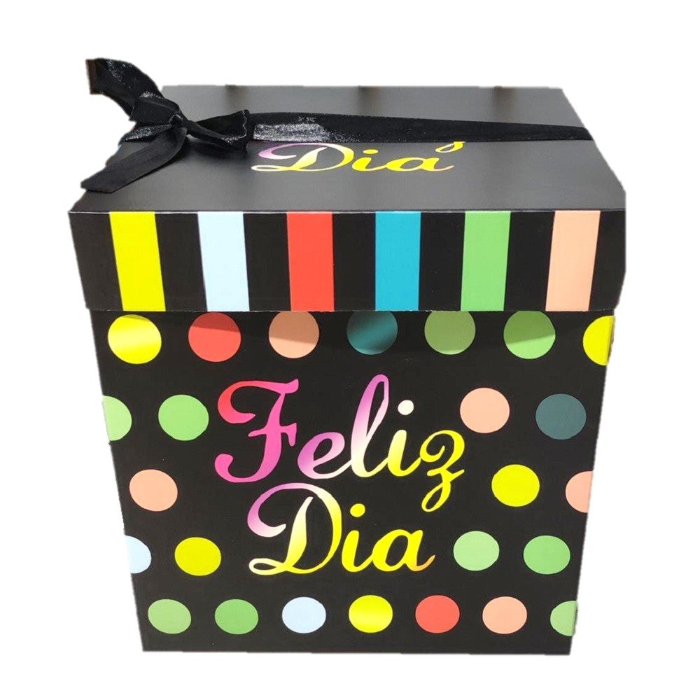 Caja Regalo Feliz Día Negra con Lunares 22 x 22 cm