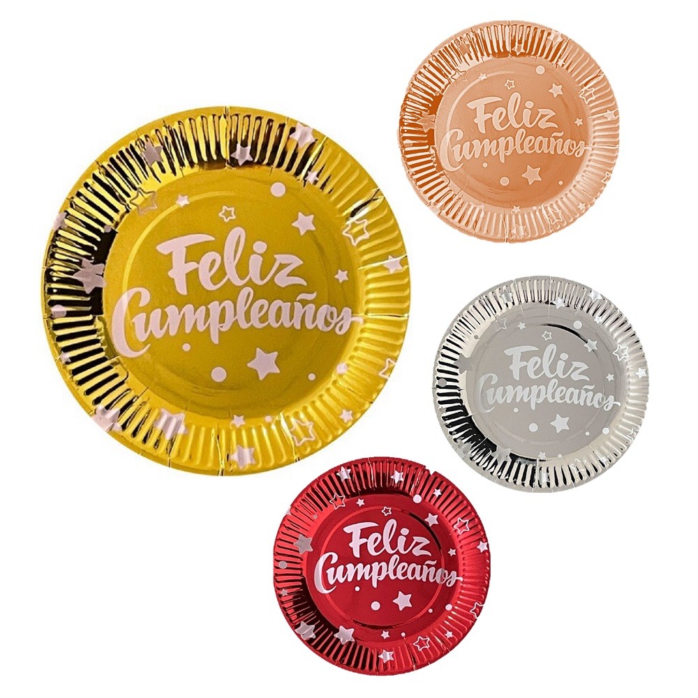 Platos Metalizado Feliz Cumpleaños x 6