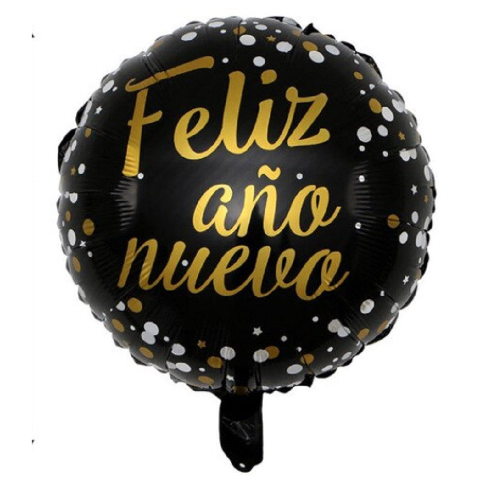 Globo Redondo Feliz Año Nuevo Negro Dorado
