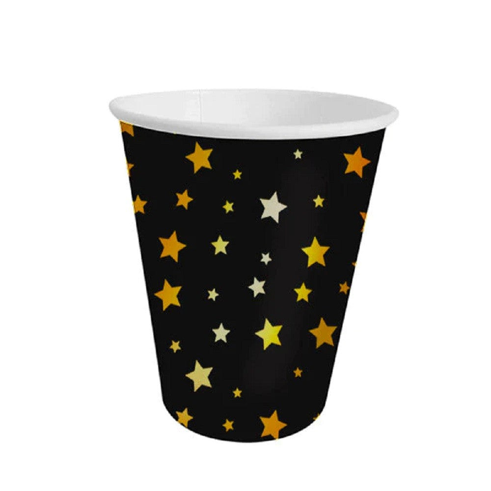 Vasos Metalizados Negro Estrellas Doradas x 10