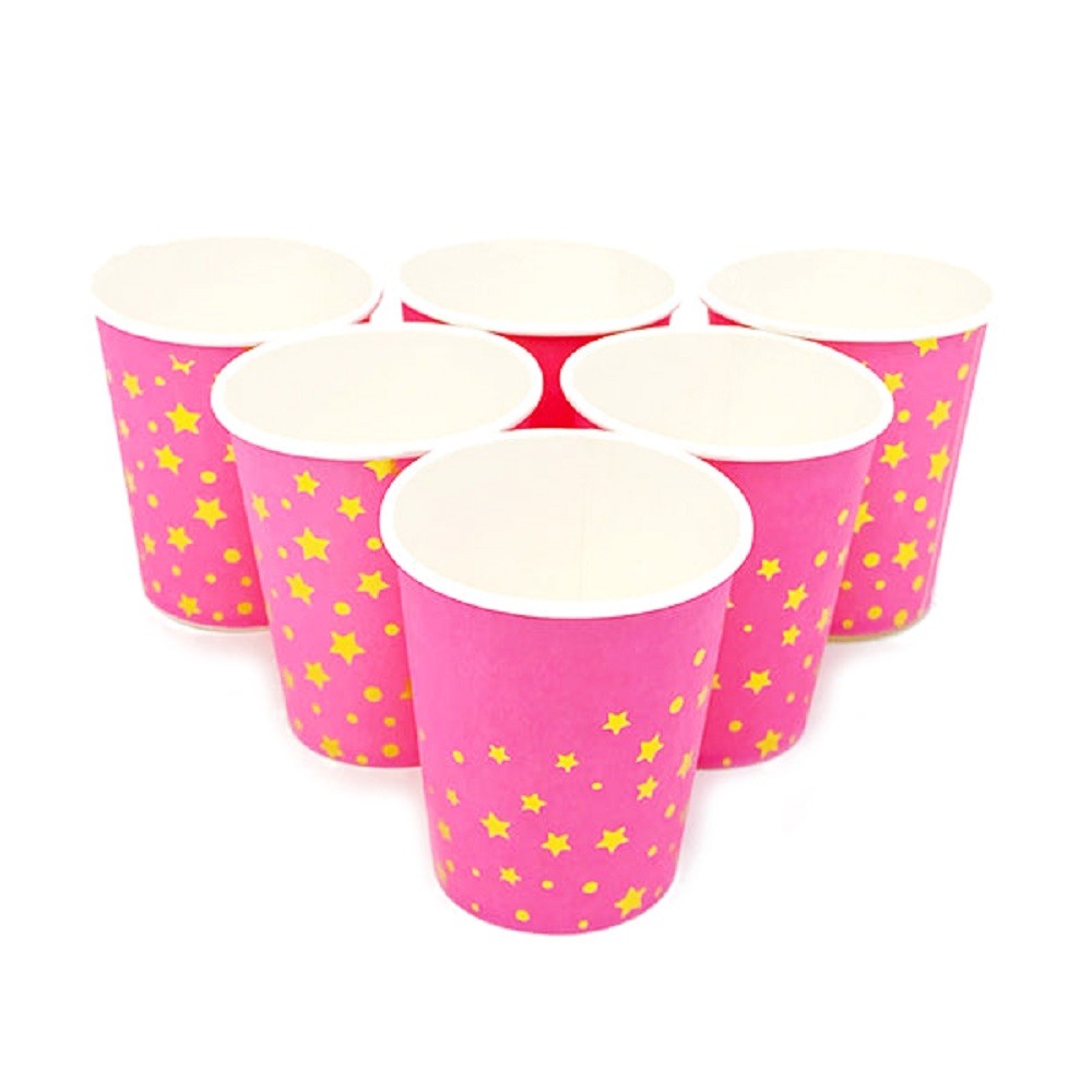 Vasos Fucsia Estrellas y Lunares Dorados x 6