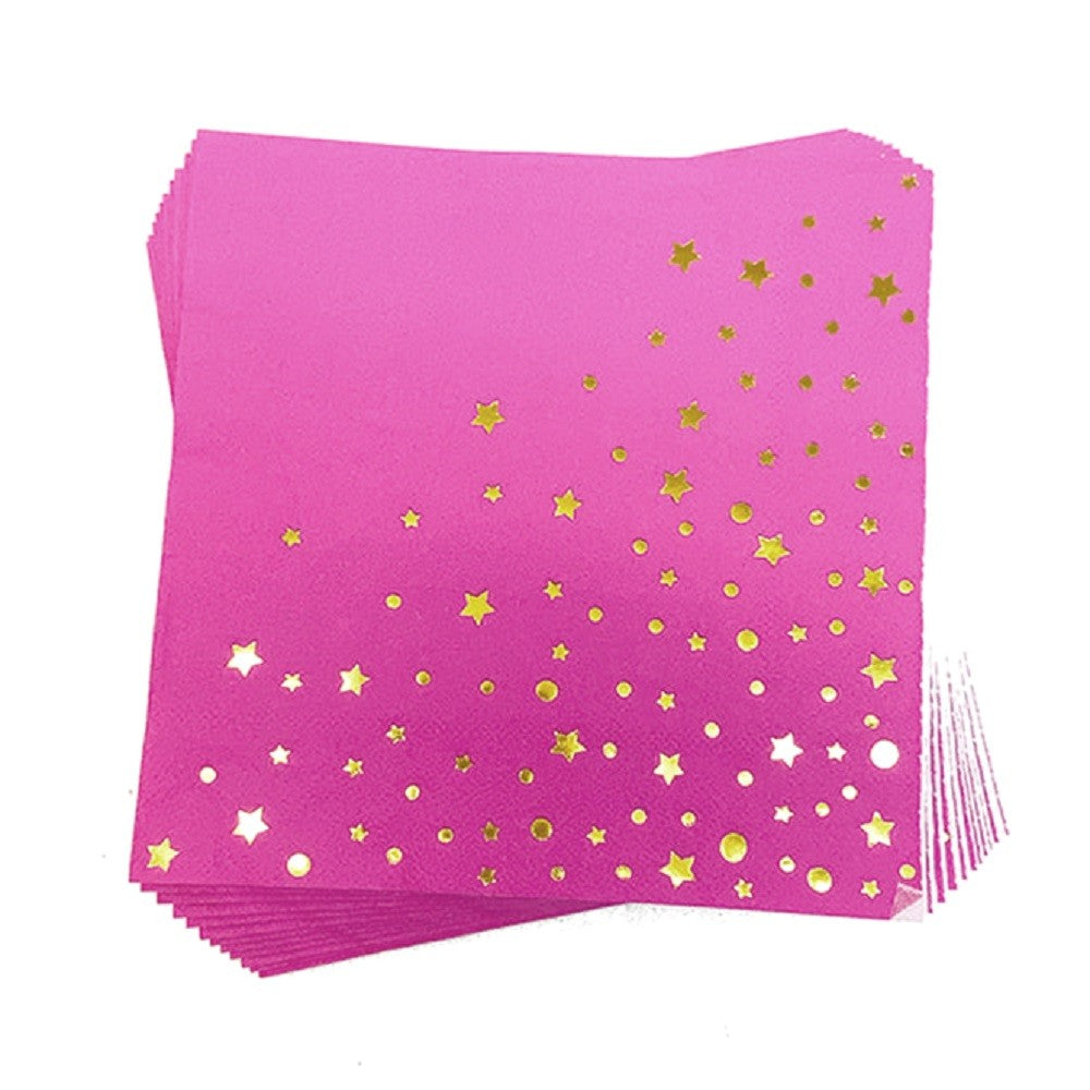 Servilletas Fucsia Estrellas y Lunares Dorados x 12