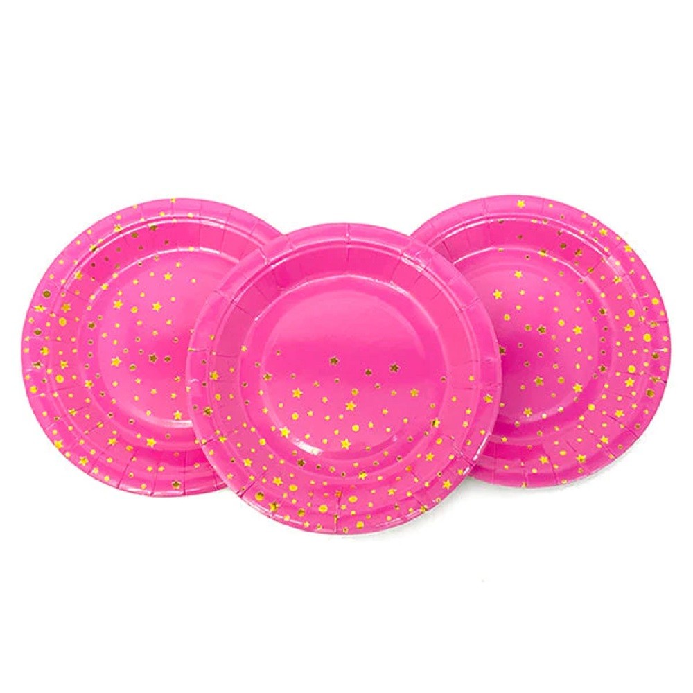 Platos Fucsia Estrellas y Lunares Dorados x 6