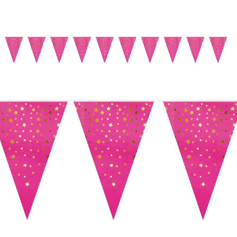 Banderín Fucsia Estrellas y Lunares Dorados