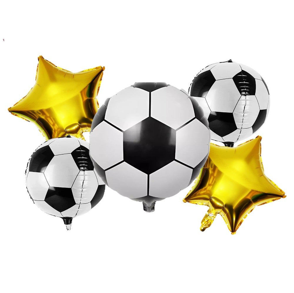 Set 5 Globos Metalizados Pelota de Fútbol y Estrellas Doradas | Cotillón Activarte
