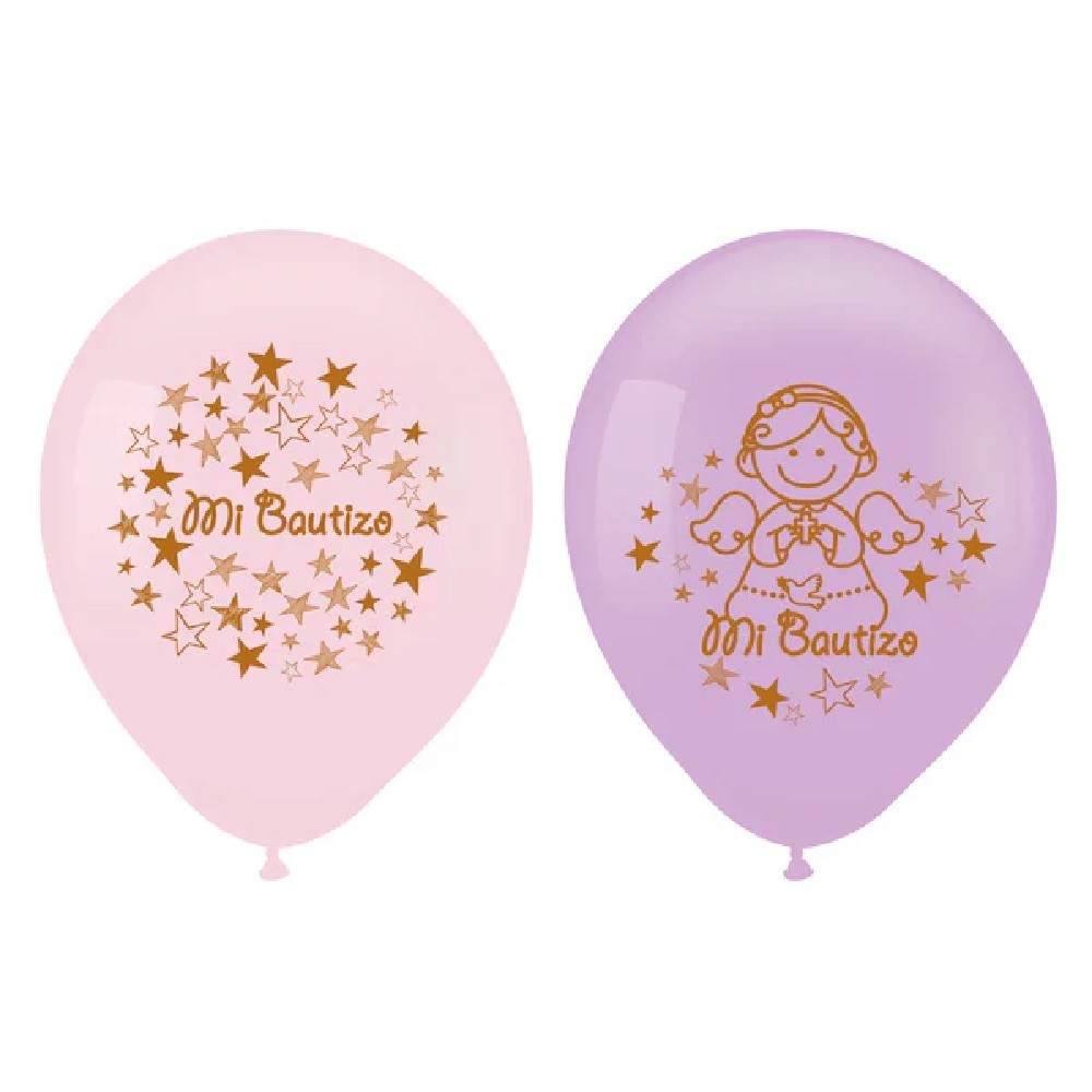 Globos Látex Mi Bautizo Lila Rosado x 12