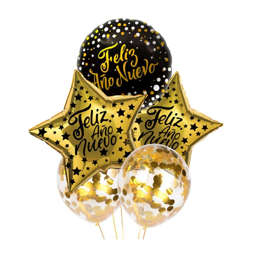 Set 5 Globos Año Nuevo Estrellas Confetti