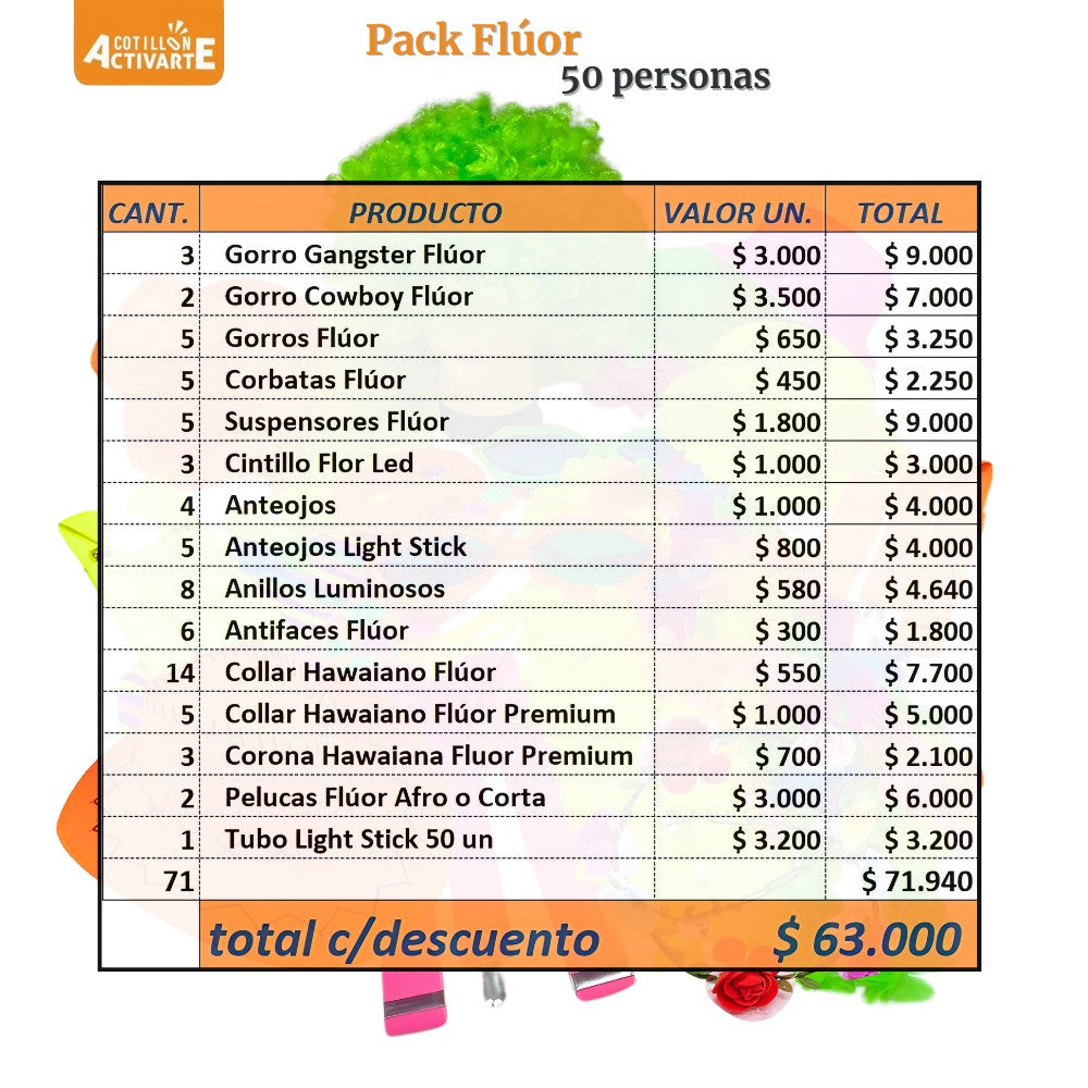 Pack Cotillón Flúor para 50 Personas