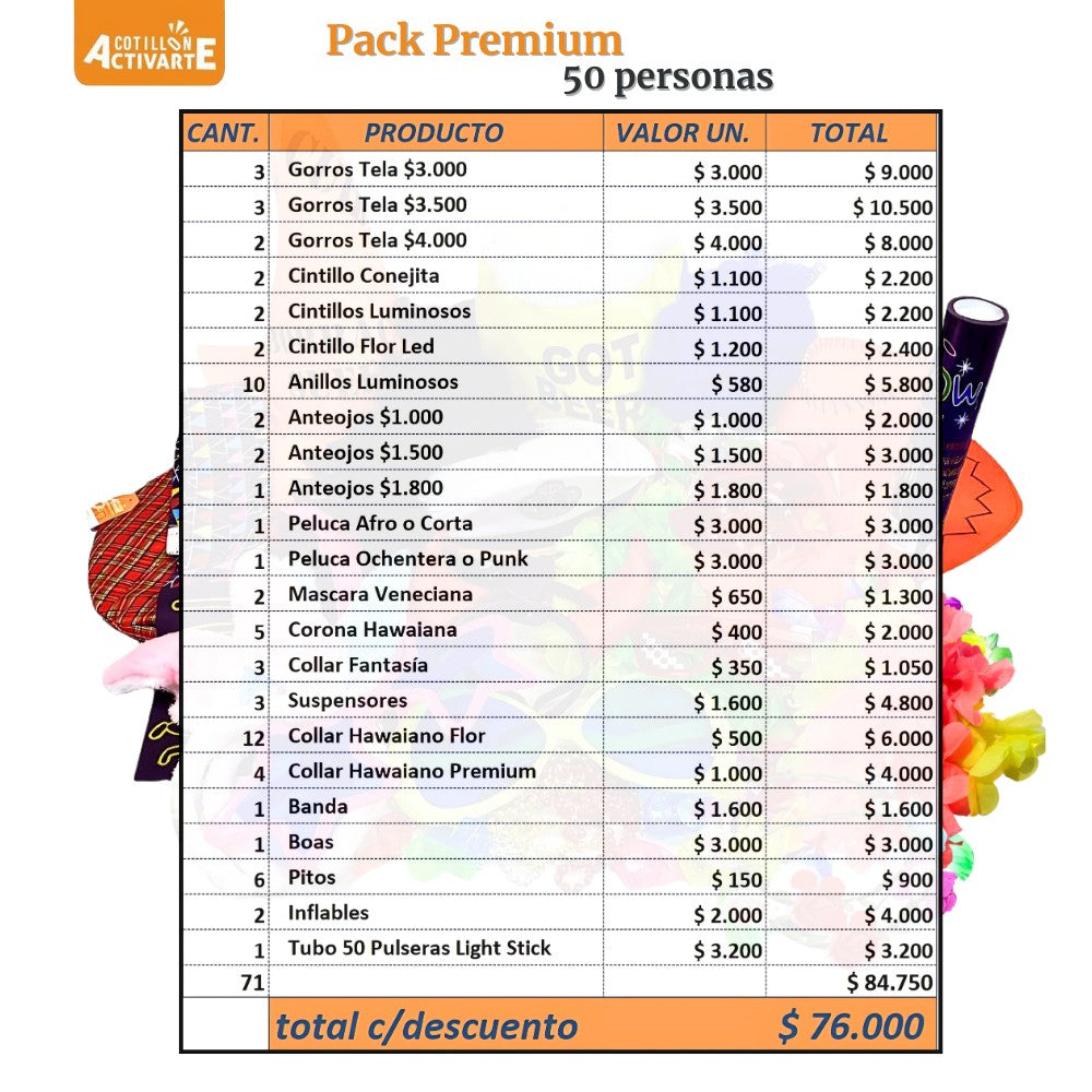 Pack Cotillón Premium para 50 Personas