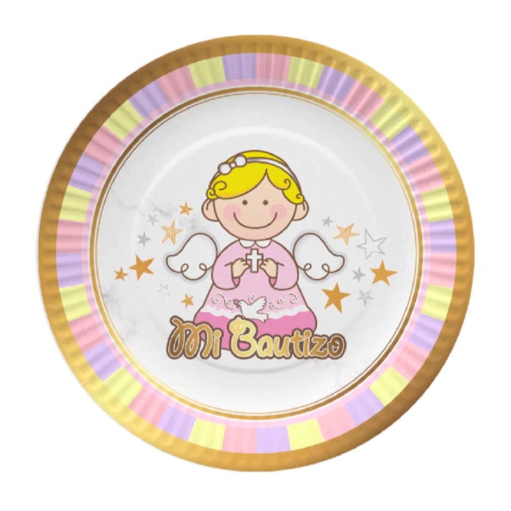 Platos Mi Bautizo Rosado x 6