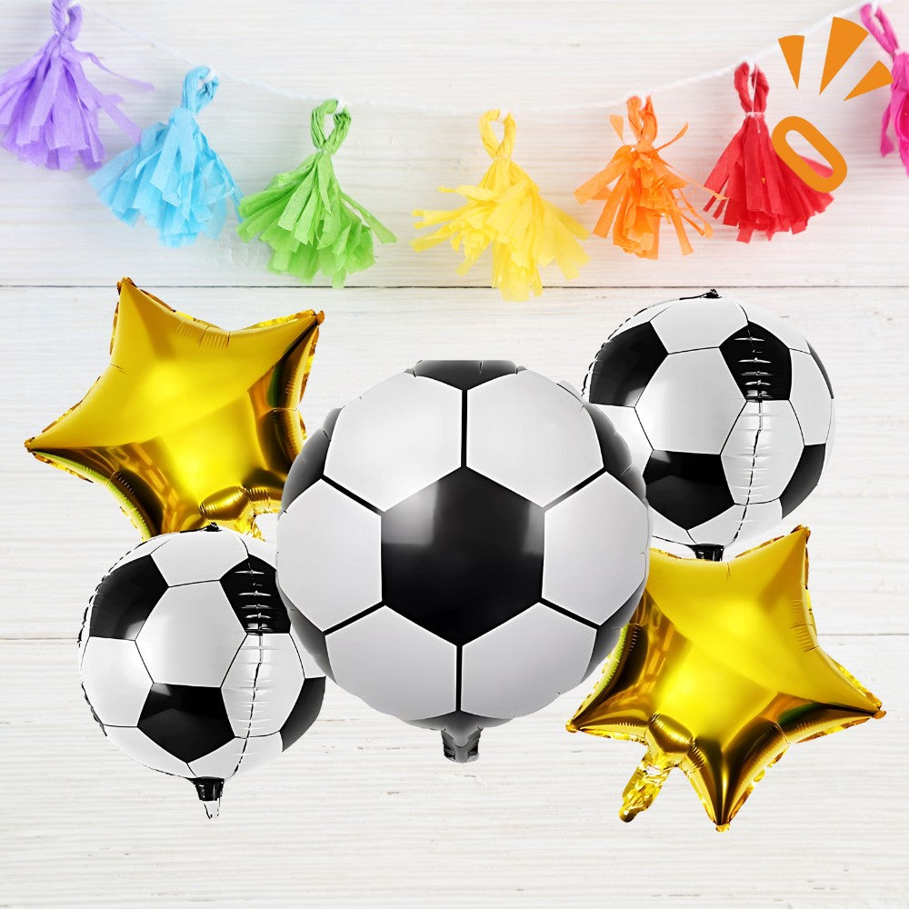 Set 5 Globos Metalizados Pelota de Fútbol y Estrellas Doradas | Cotillón Activarte