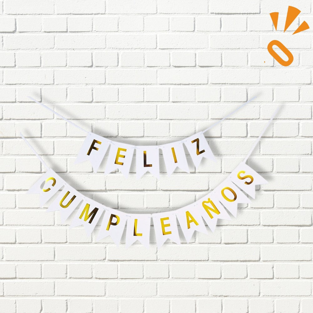 Guirnalda Banderín "Feliz Cumpleaños" Blanco Dorado