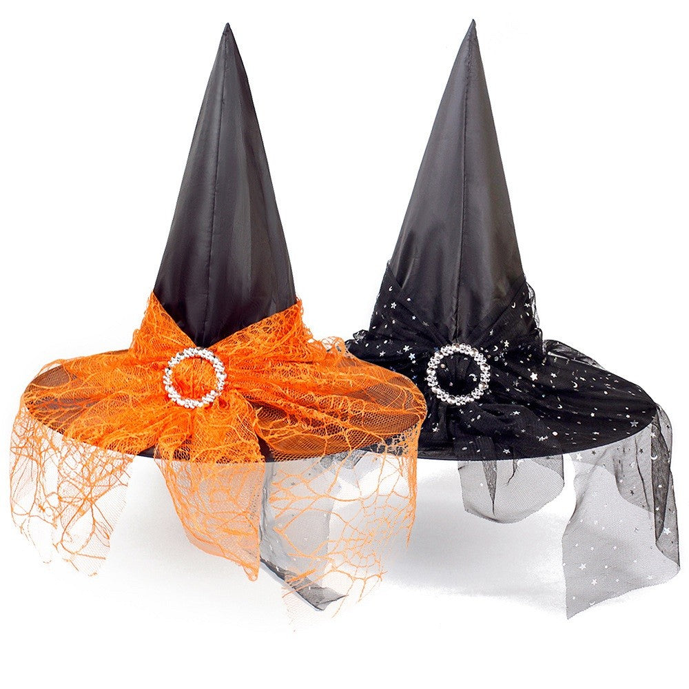 Gorro Bruja Velo y Brillos Naranjo
