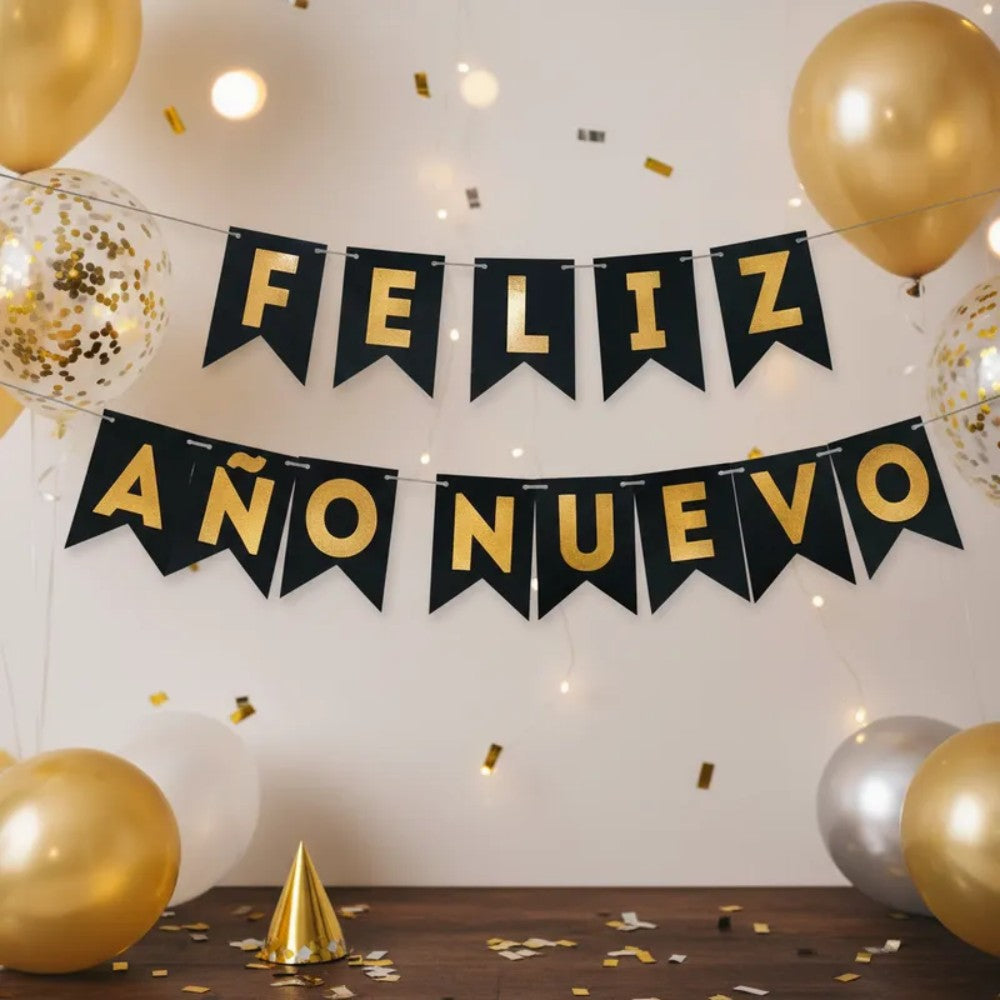 Cartel Banderín Feliz Año Nuevo Negro Dorado