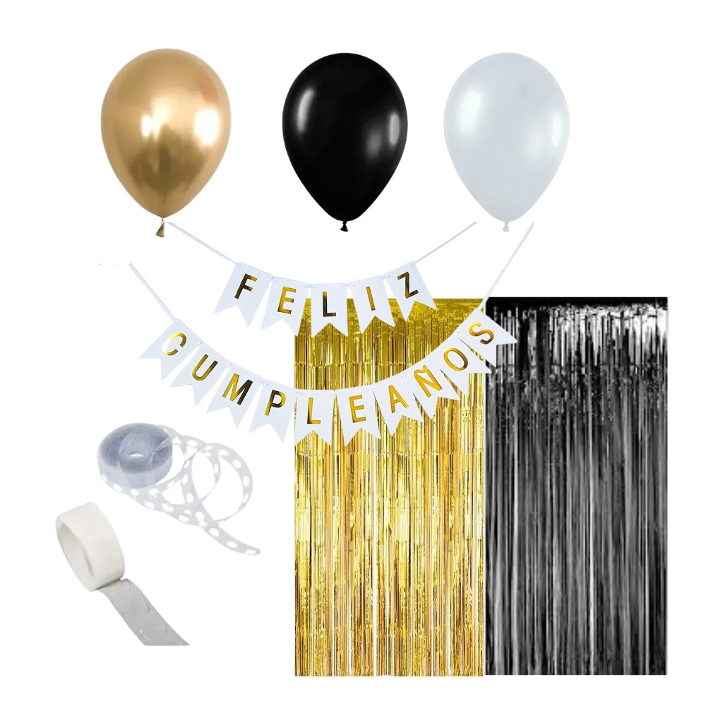 Set Decoración Cumpleaños Negro Dorado Blanco | Cotillón Activarte