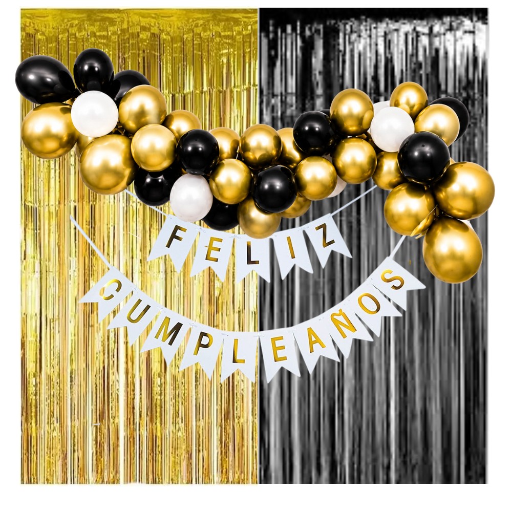 Set Decoración Cumpleaños Negro Dorado Blanco | Cotillón Activarte
