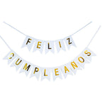 Guirnalda Banderín "Feliz Cumpleaños" Blanco Dorado