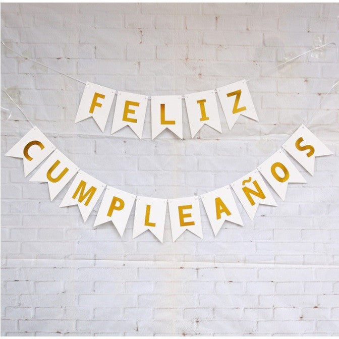 Guirnalda Banderín "Feliz Cumpleaños" Blanco Dorado