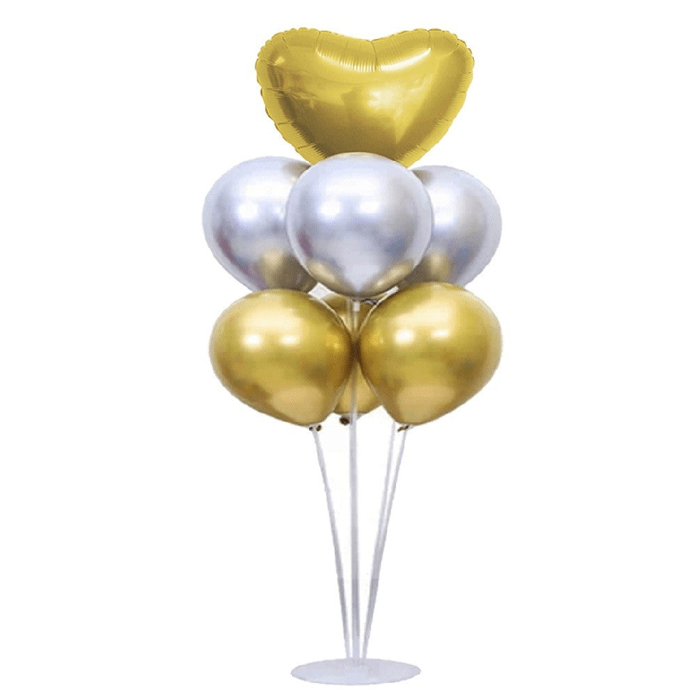 Set 7 Globos Corazón Cromo Dorado con Base | Decoración Cumpleaños