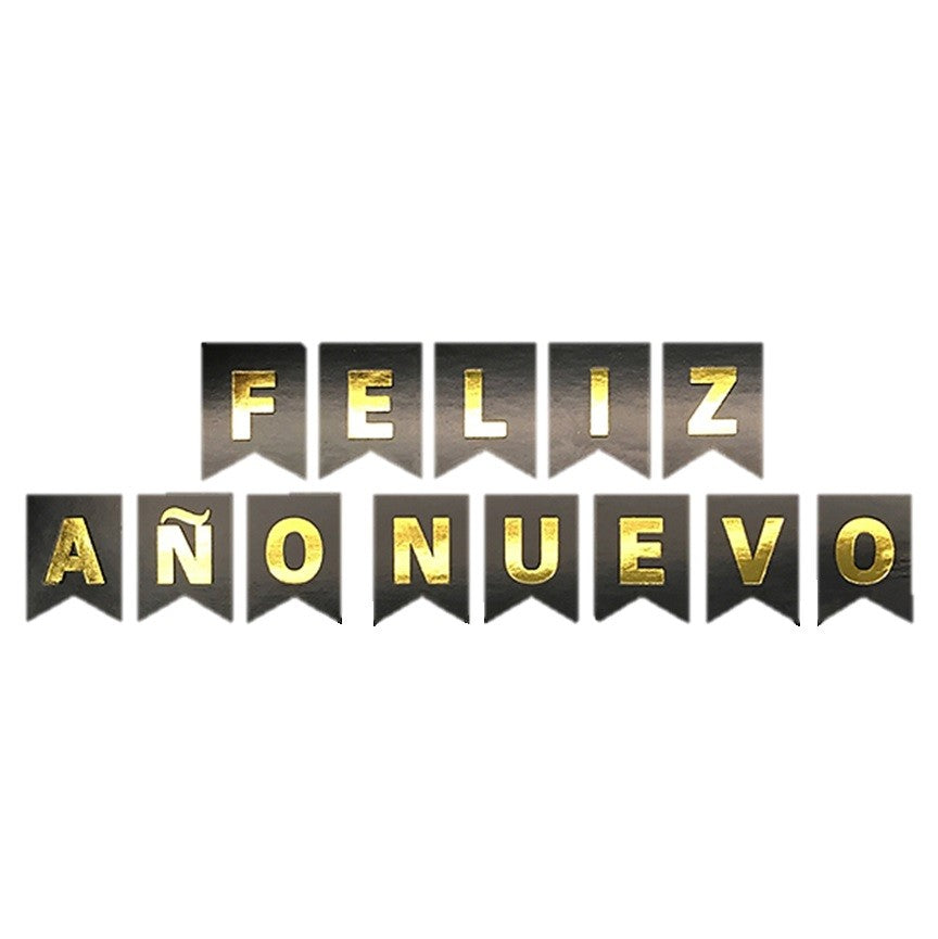 Cartel Banderín Feliz Año Nuevo Negro Dorado