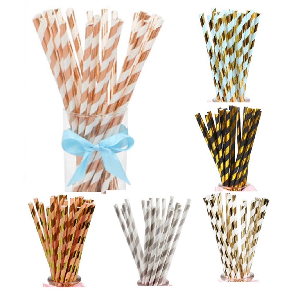 Bombilla de Papel Rayas Metalizada x 12