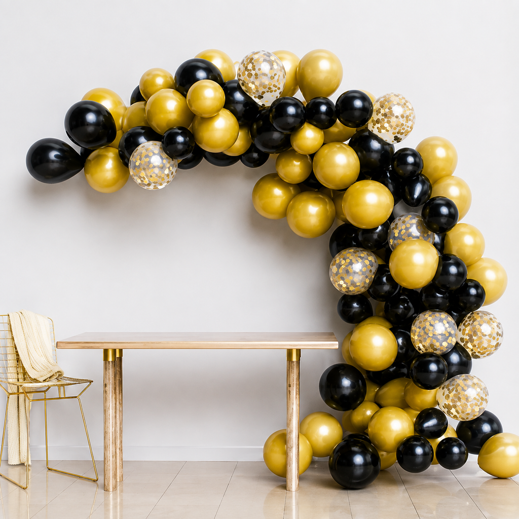 Arco Orgánico de Globos Negro Dorado 90 Globos | Kit Completo