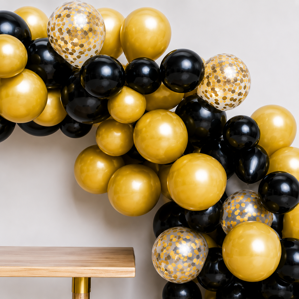 Arco Orgánico de Globos Negro Dorado 90 Globos | Kit Completo