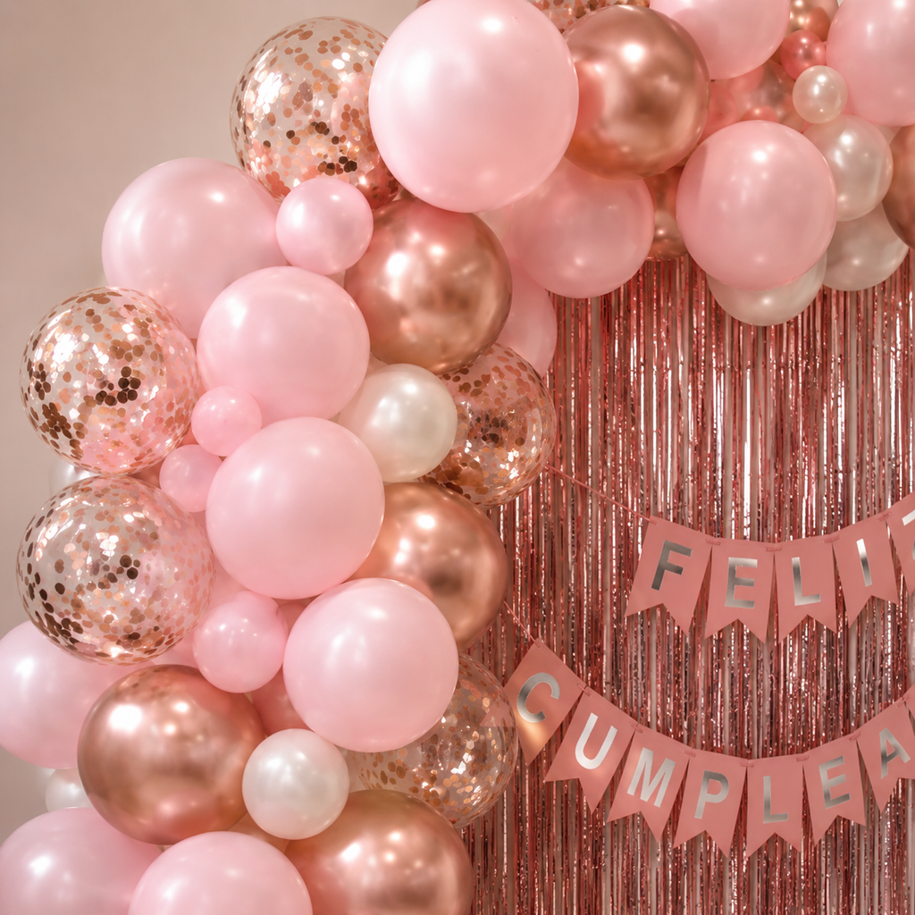 Kit Decoración Cumpleaños Rose Gold con Arco de 98 Globos