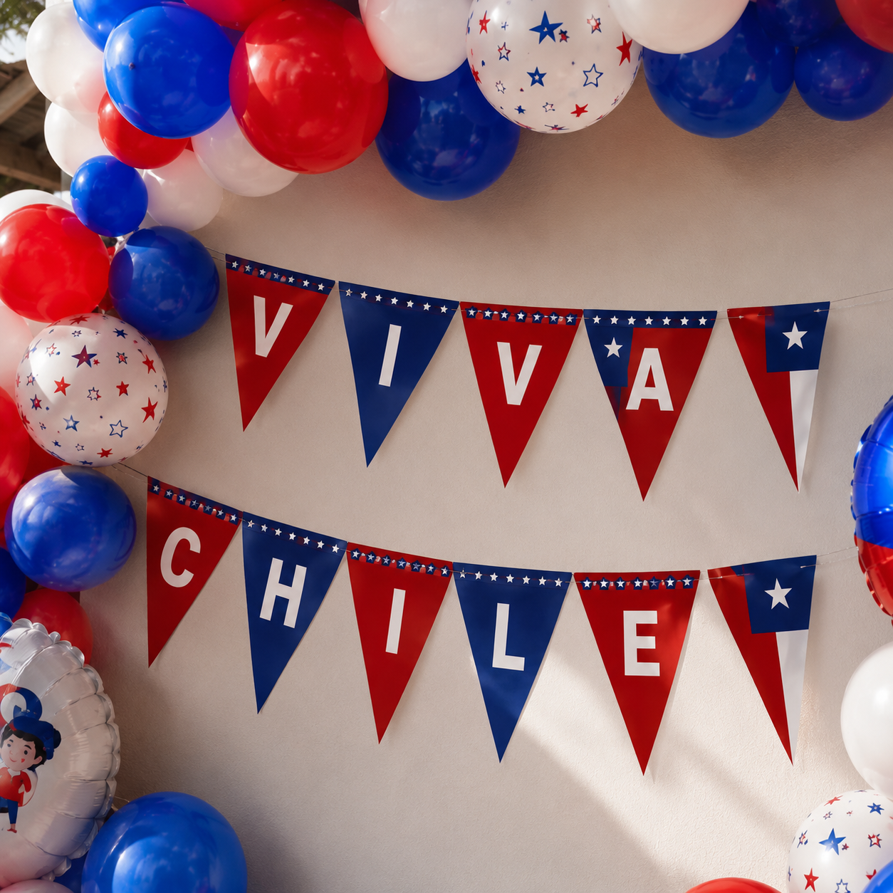Set Decoración Fiestas Patrias Chile Viva Chile con Globos