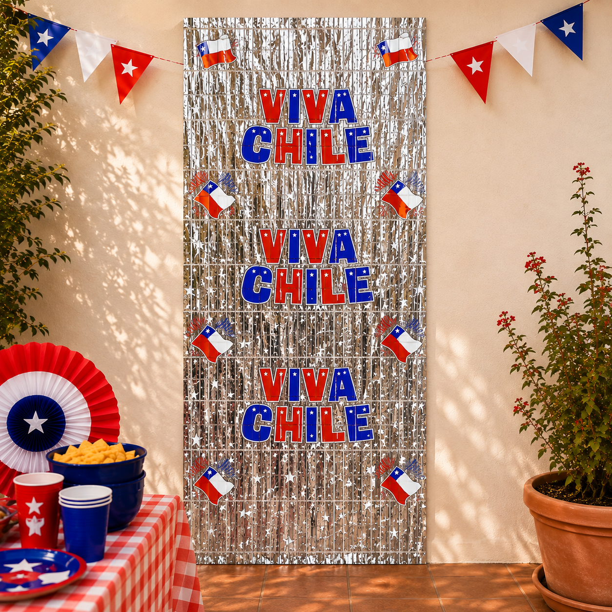 Guirnalda Cortina Metálica Viva Chile 1 x 2 m | Decoración Fiestas Patrias