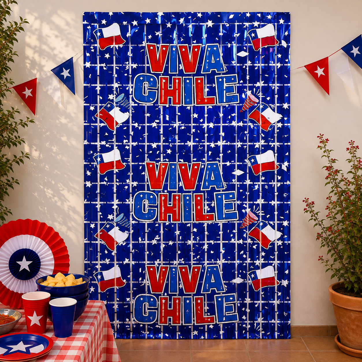 Guirnalda Cortina Metálica Viva Chile 1 x 2 m | Decoración Fiestas Patrias
