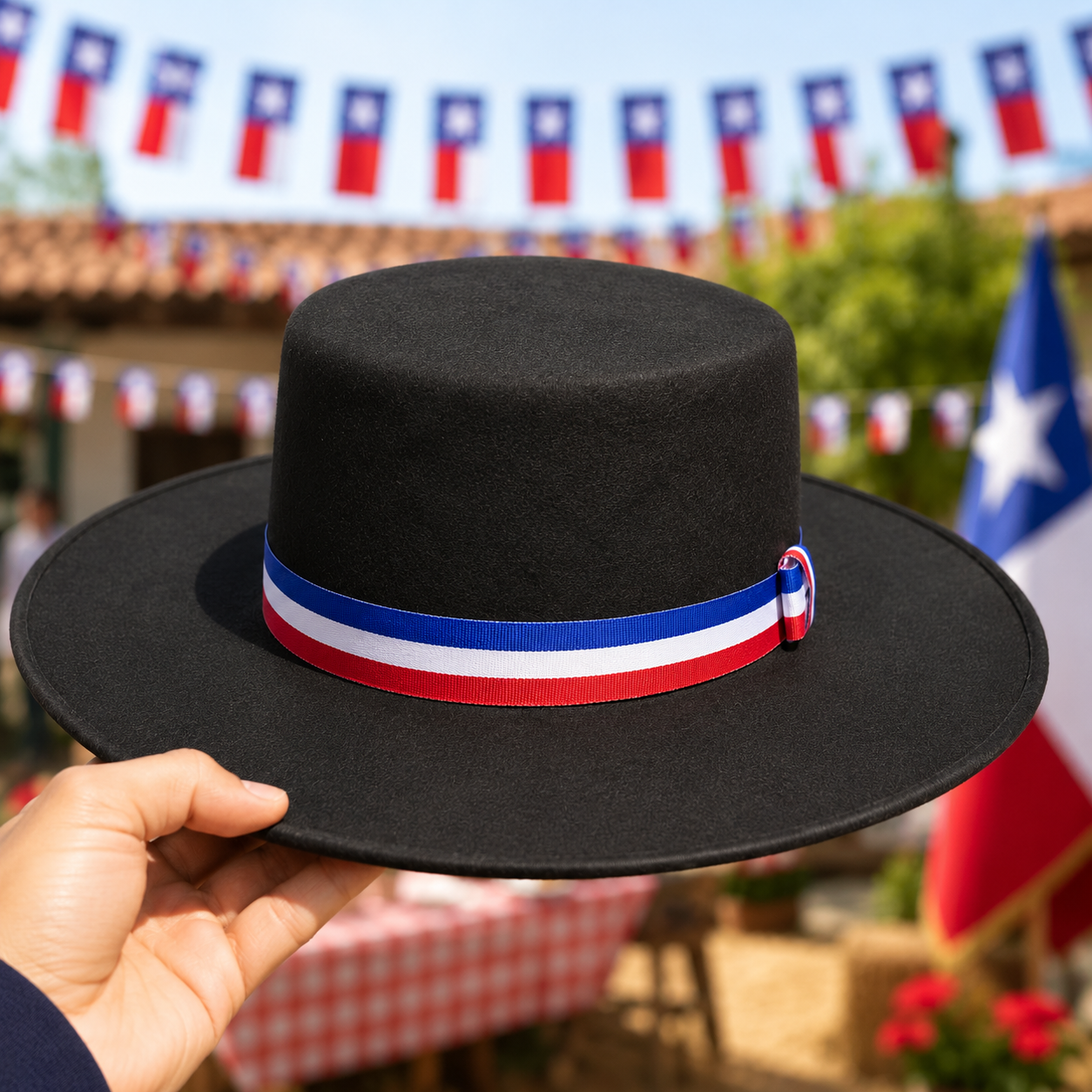 Sombrero Huaso Adulto Negro con Cinta Tricolor