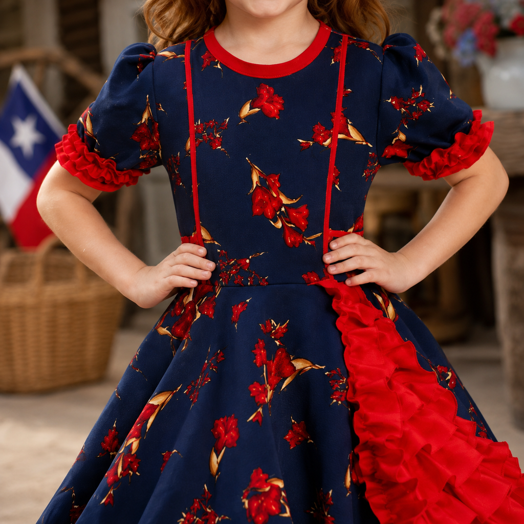 Traje Huasa China Azul Floreado Niña Fiestas Patrias