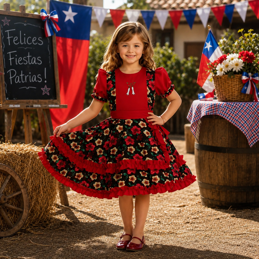 Traje Huasa China Rojo Floreado Niña