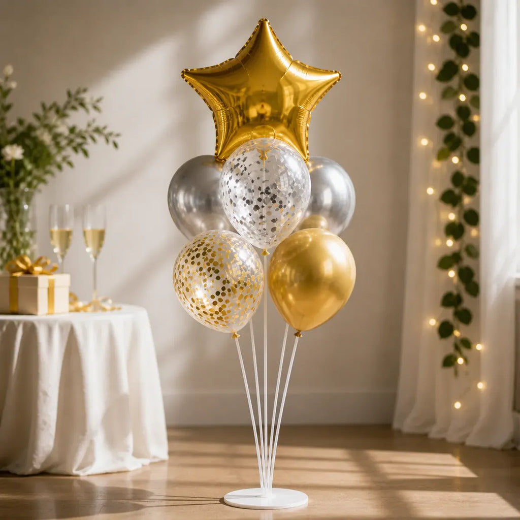 Set 7 Globos con Base Estrella Cromo Dorado | Cotillón Activarte