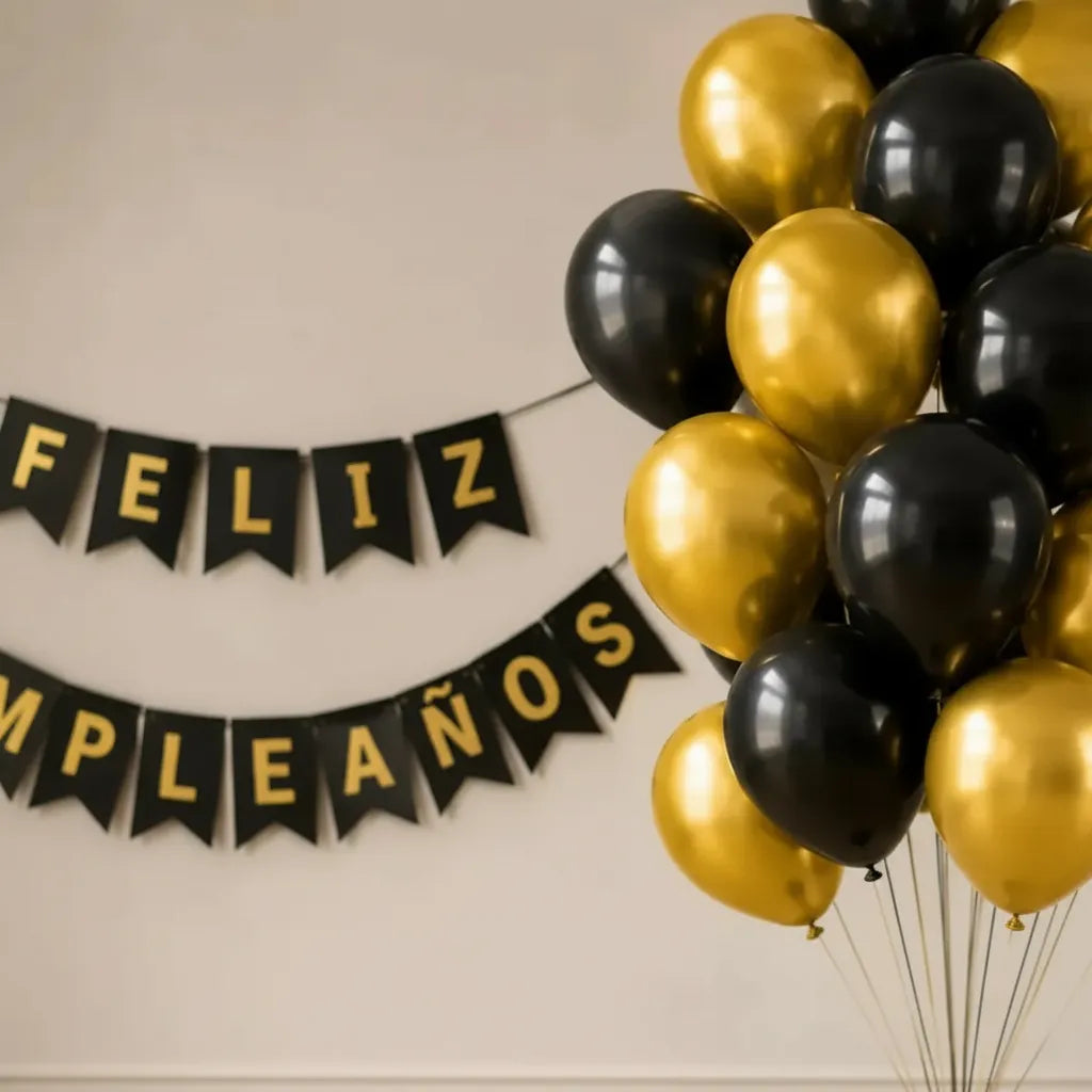Kit Feliz Cumpleaños+ Globos Negro Dorado