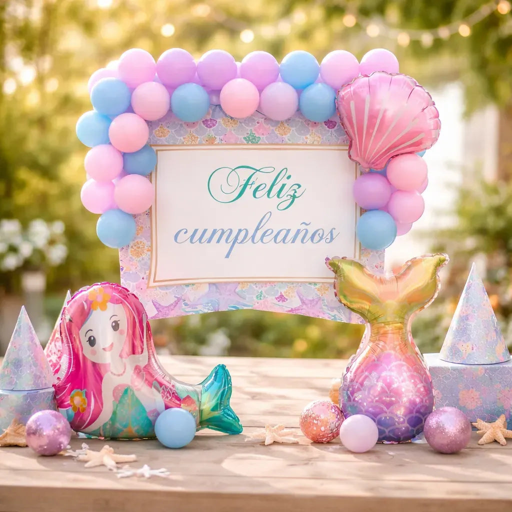 Set Decoración Cumpleaños Sirena con Globos, Fondo y Cola de Sirena