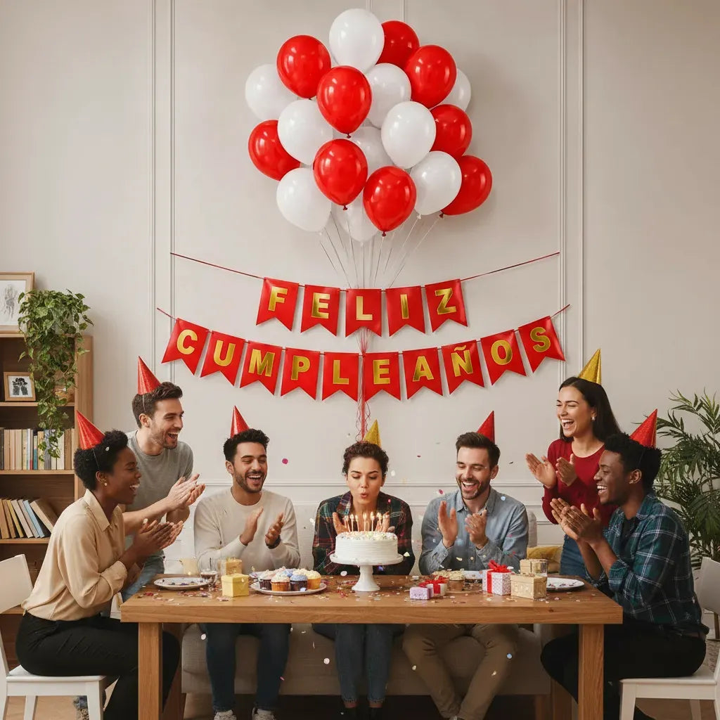 Kit Decoración Feliz Cumpleaños + Globos Blanco Rojo | Cotillón Activarte