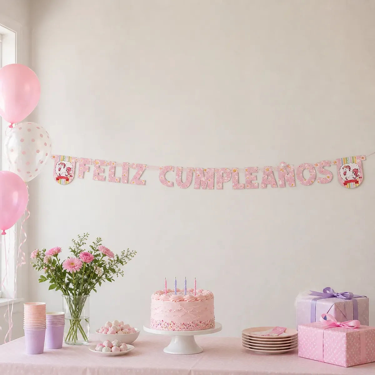 Guirnalda Feliz Cumpleaños Unicornio Rosado