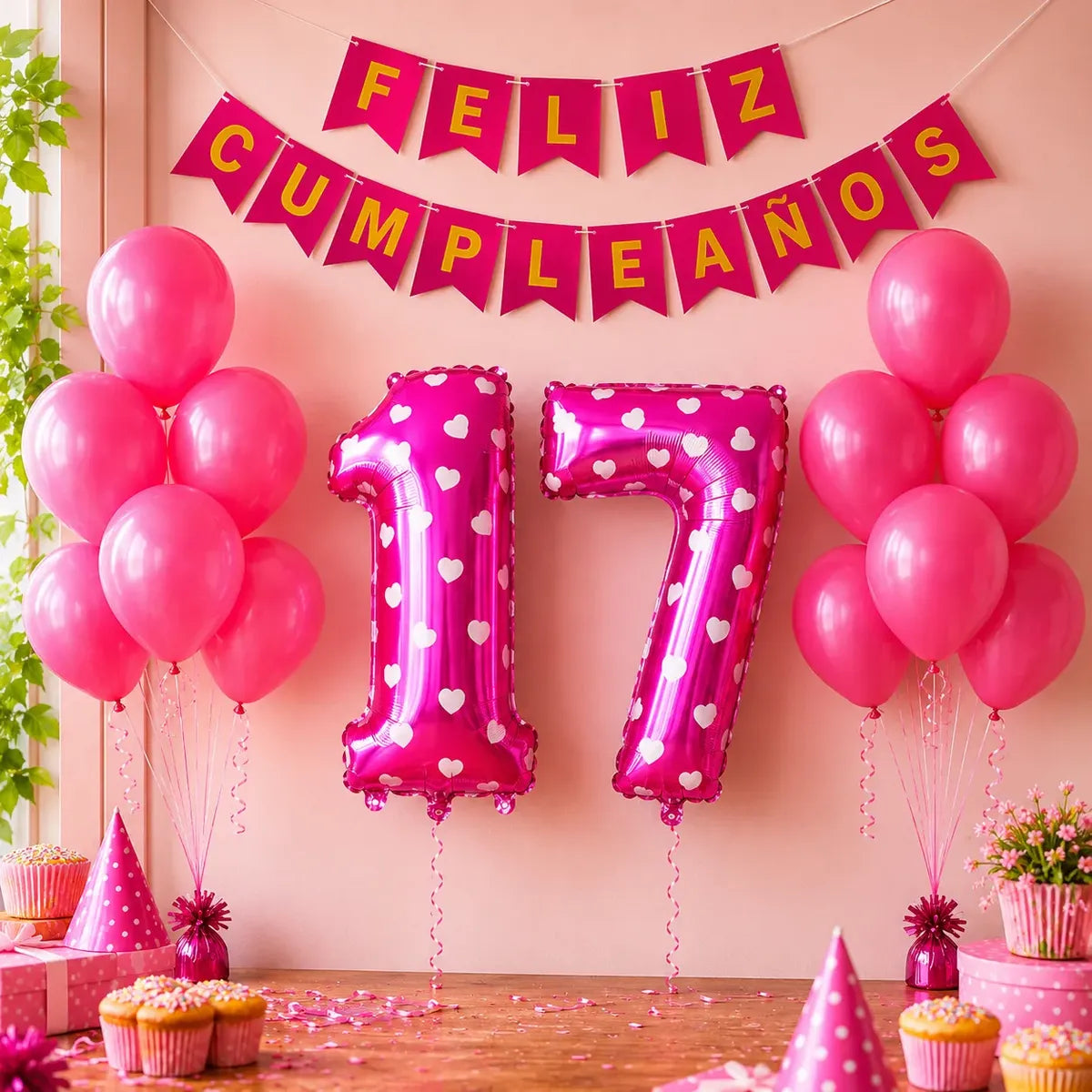 Set Feliz Cumpleaños+ Globos Número Fucsia | Cotillón Activarte