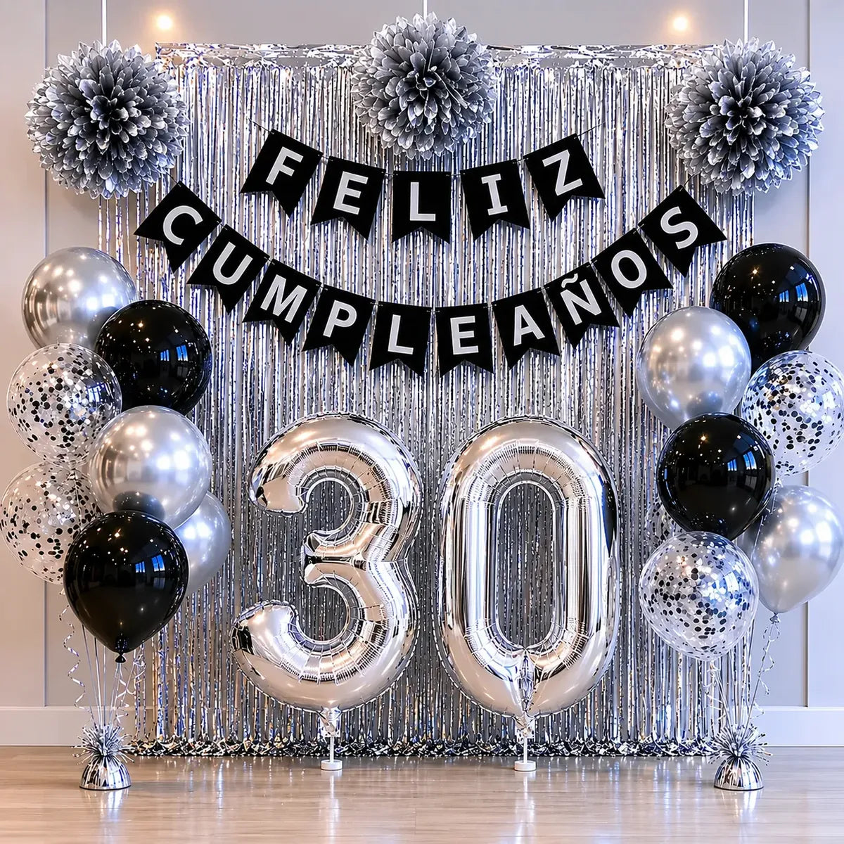 Kit Decoración Cumpleaños Plateado con Número | Cotillón Activarte