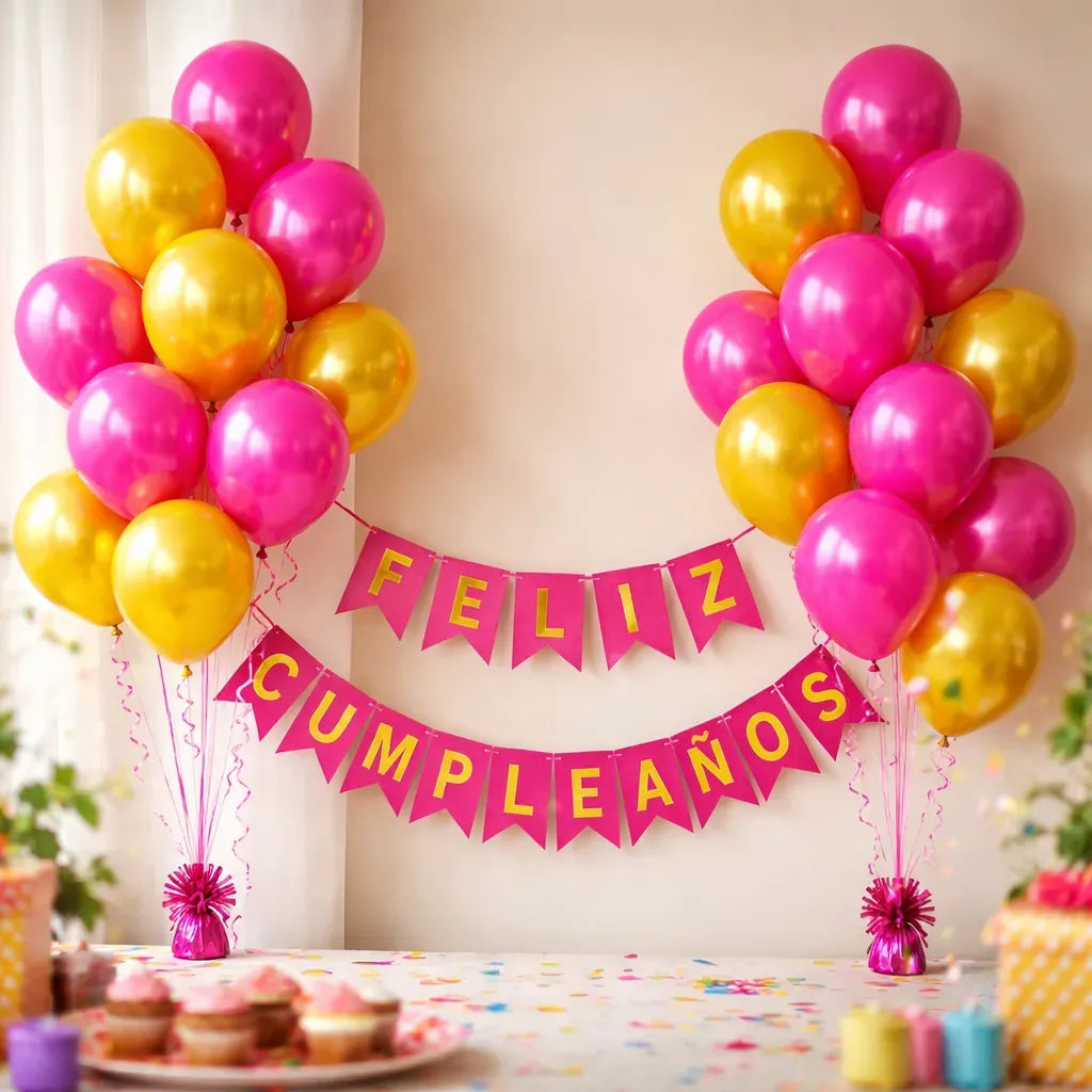 Kit Decoración Feliz Cumpleaños + Globos Fucsia Dorado | Cotillón Activarte