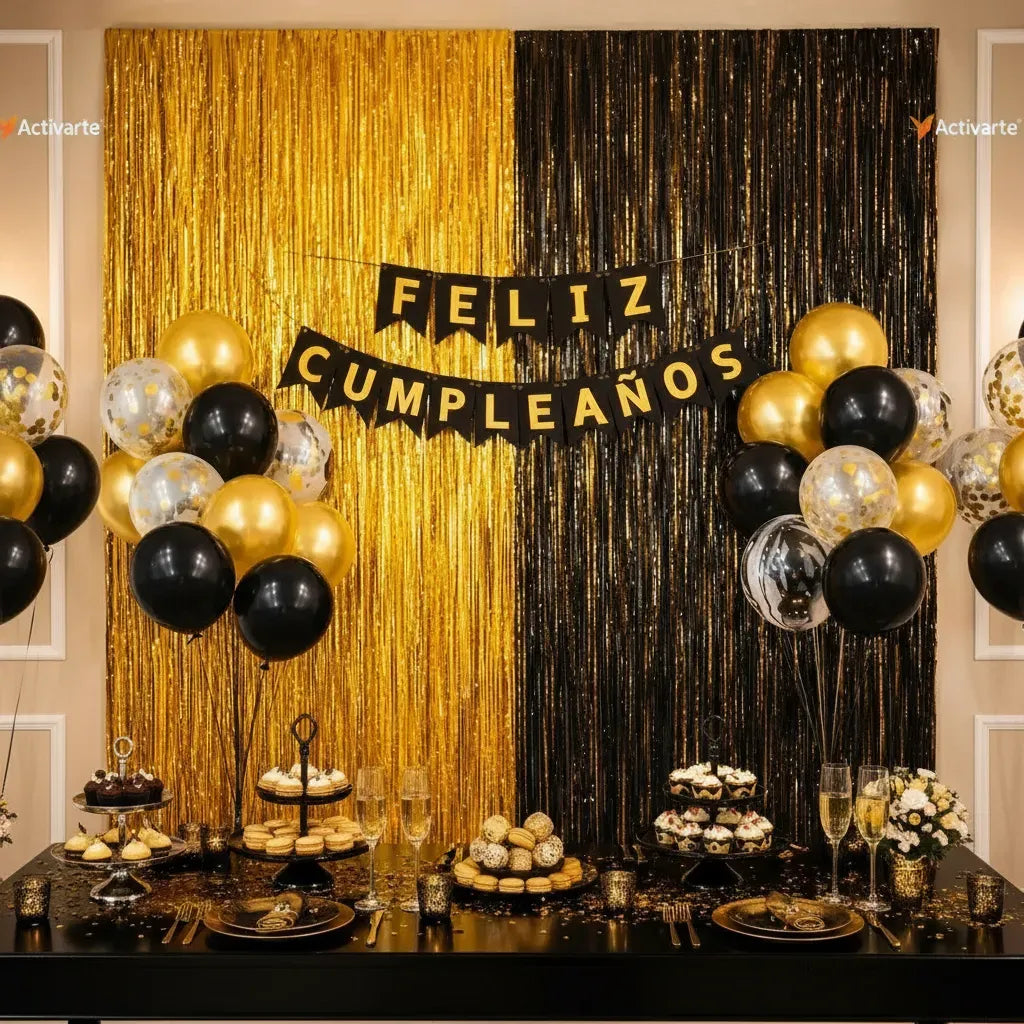 Kit Decoración Cumpleaños Negro Dorado | Cotillón Activarte