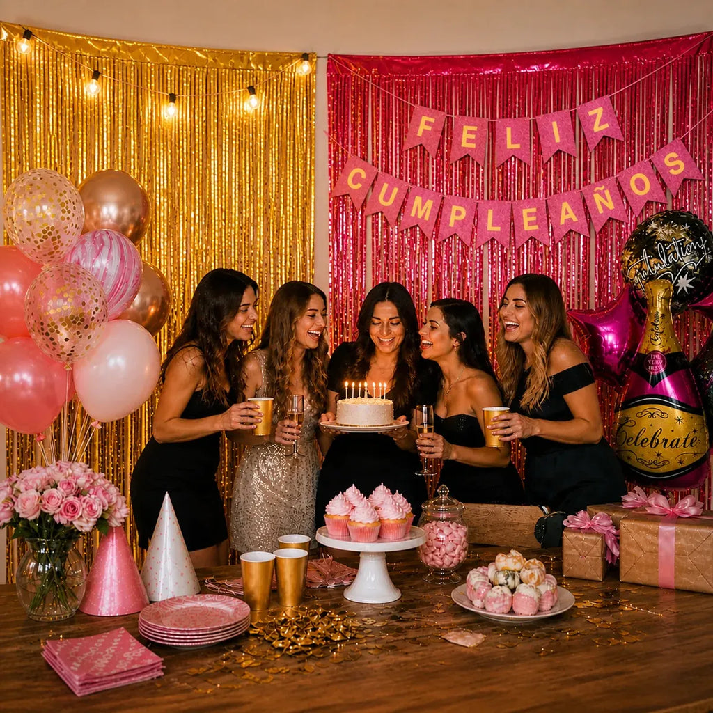 Kit Decoración Cumpleaños Champaña y Fucsia | Cortina, Globos y Guirnalda | Cotillón Activarte