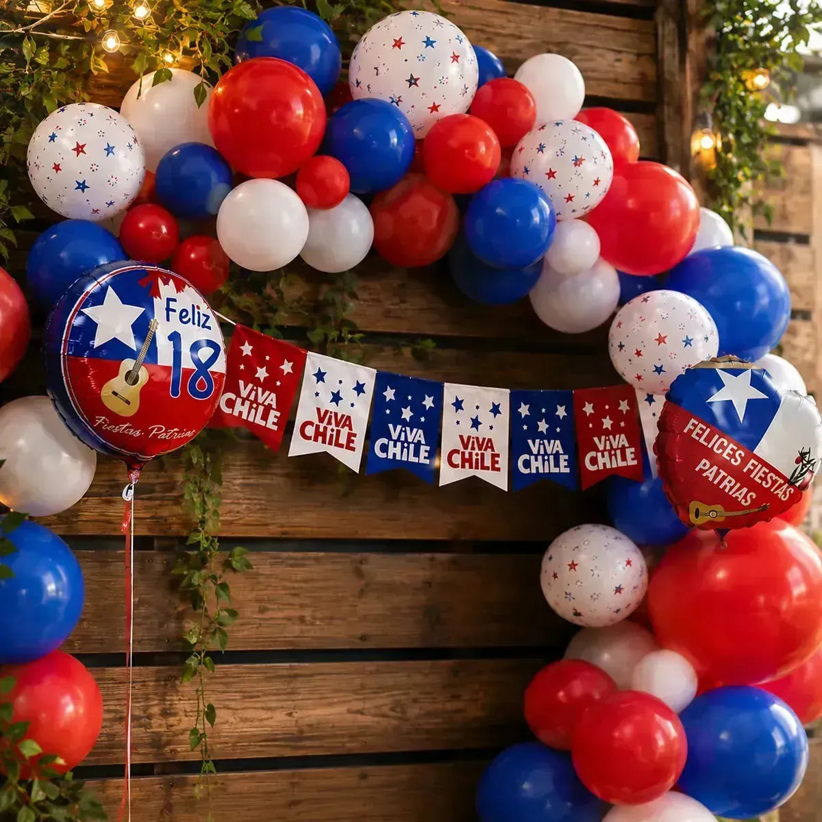 Set Decoración Fiestas Patrias Viva Chile con Globos y Banderín